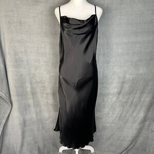 Bebe Slip Dress Womens Large Black Satin Cowl Neck Midi Y2K Romantic Sexy Party